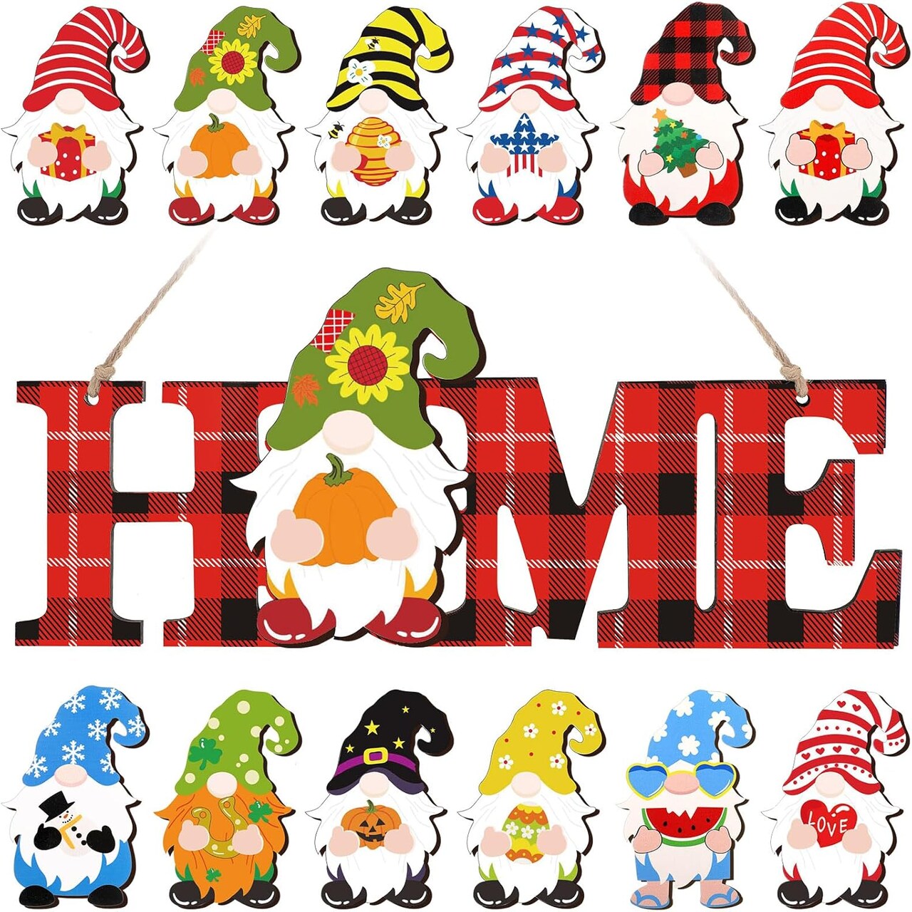 Interchangeable Gnome Home Sign – Wood Christmas & Thanksgiving Door Decor with 12 Changeable Seasonal Gnomes for Holiday Wall & Front Porch Decoration (Red, Black)